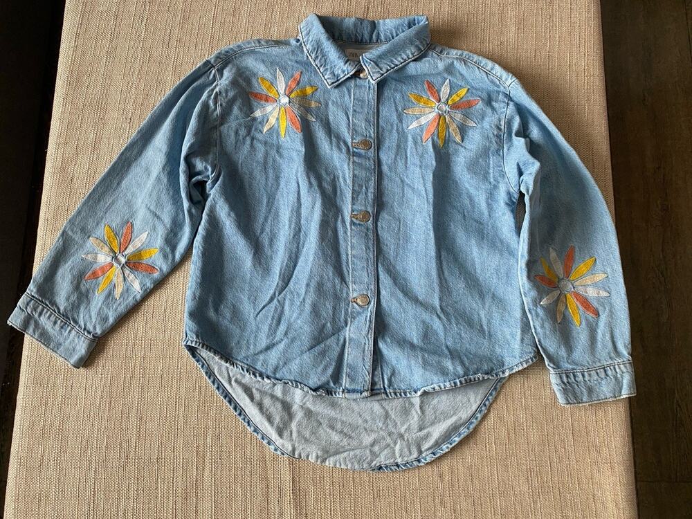 Zara Kids Girls Floral Embroidered Denim Shirt Size 9 Years